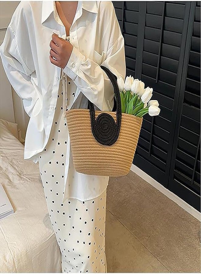 UNNAK Cotton Jute Rope Durable Small Size Tote Bag, Dual Tone,Attractive Hand Bag | Small Tote | Summer Bucket | Bamboo Beach Basket for Women | Boho Handbag | Jute Handmade | Black And Beige - Image 3